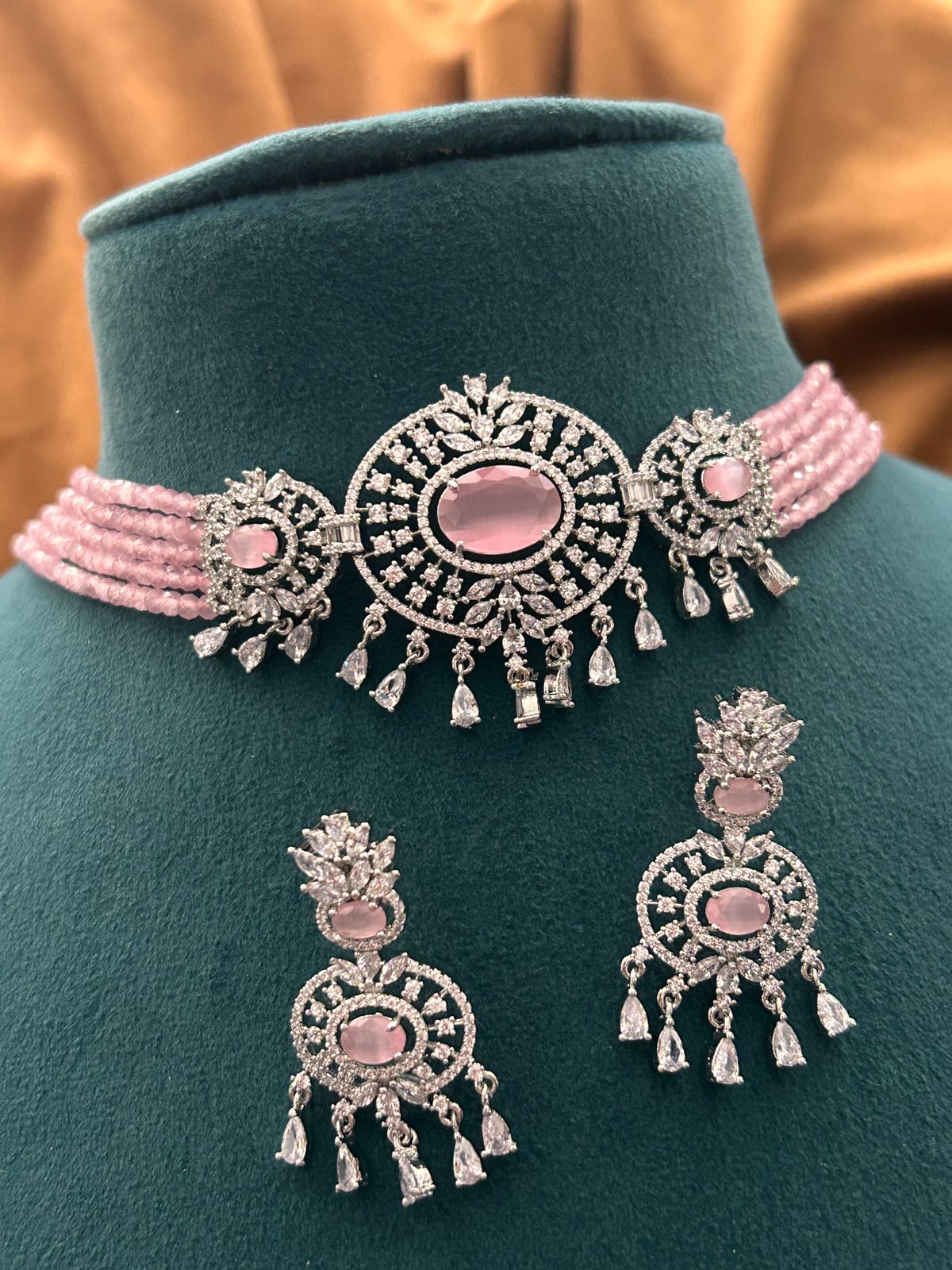Pastel Pink American Diamond Choker Set with Dangling Drops